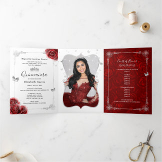 Foto Spanisch Rot und Silver Quinceanera Dreifach Gefaltete Einladung