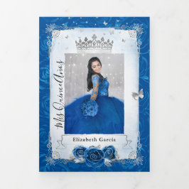 Foto Spanisch Silver Royal Blue Quinceanera Dreifach Gefaltete Einladung