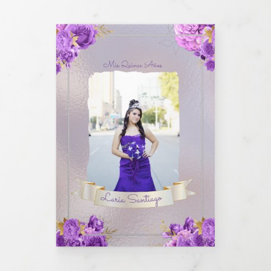 Foto Spanische Perle und Lila Rose Quinceanera Dreifach Gefaltete Einladung (Cover)