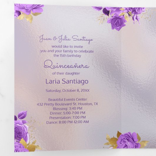 Foto Spanische Perle und Lila Rose Quinceanera Dreifach Gefaltete Einladung (Innen Erste Seite)