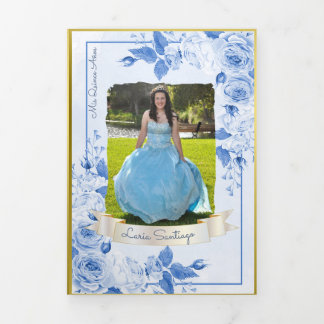 Foto Spanish Light Blue Gold Rose Quinceanera Dreifach Gefaltete Einladung