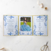 Foto Spanish Light Blue Gold Rose Quinceanera Dreifach Gefaltete Einladung (Innenseite)