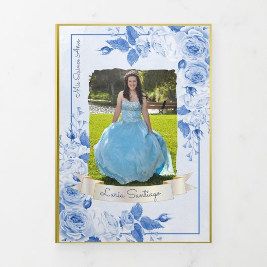Foto Spanish Light Blue Gold Rose Quinceanera Dreifach Gefaltete Einladung (Cover)