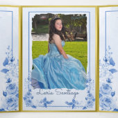 Foto Spanish Light Blue Gold Rose Quinceanera Dreifach Gefaltete Einladung (Innenseite Mitte)