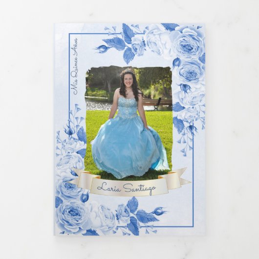 Foto Spanish Light Blue Rose Quinceanera Dreifach Gefaltete Einladung (Cover)