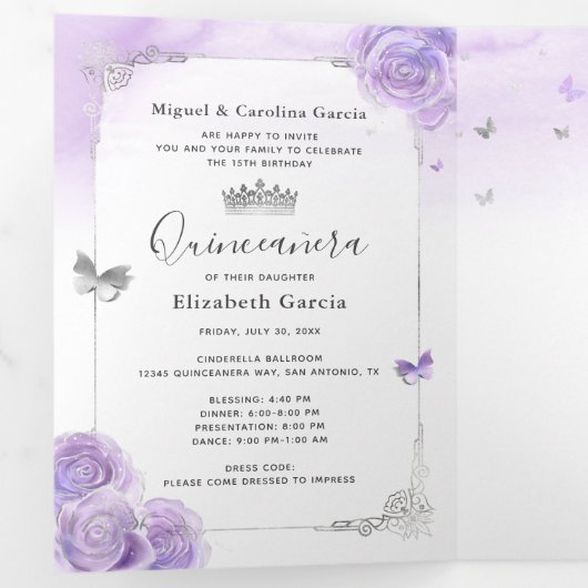 Foto Spanish Light Lila und Silver Quinceanera Dreifach Gefaltete Einladung (Innen Erste Seite)