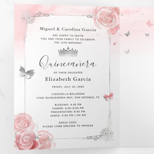 Foto Spanish Light Pink Silver Quinceanera Dreifach Gefaltete Einladung (Innen Erste Seite)