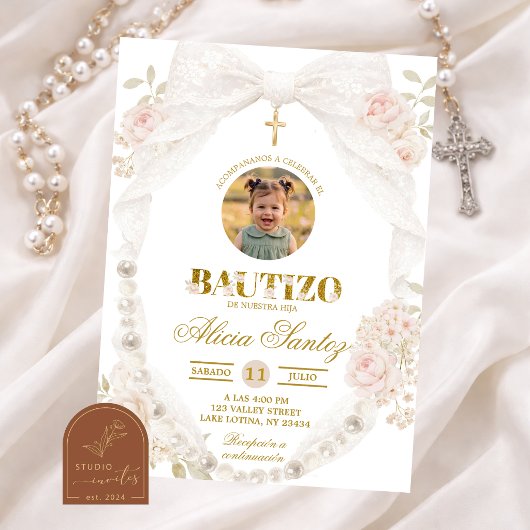 Foto-Spitze Elfenbogen Perle Bautizo Einladung