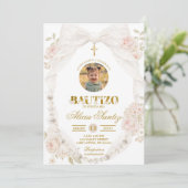 Foto-Spitze Elfenbogen Perle Bautizo Einladung (Stehend Vorderseite)