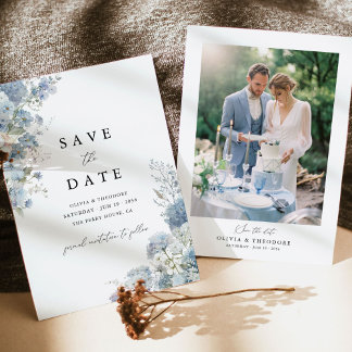 Foto Staubblau Wasserfarbe Florale Hochzeit Save The Date