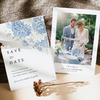 Foto Staubblau Weiße Blumige Hochzeit Save The Date