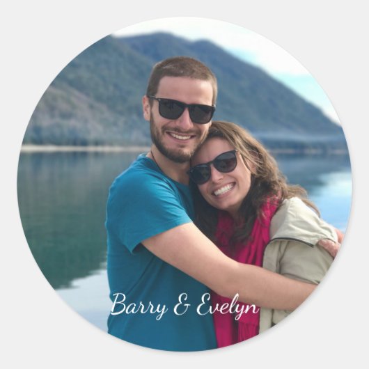 Foto-Sticker mit Text unten Runder Aufkleber (Vorderseite)