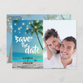 Foto String Lights Tropical Beach Save the Date Ankündigungspostkarte (Vorne/Hinten)