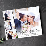 Foto Strip Hochzeitsempfang Einladung<br><div class="desc">Das preisgünstige elegante Design oder die private Hochzeitsankündigung und Empfang-Einladung mit Ihrem Hochzeitstag-Foto überlagert mit einem Streifen von drei kleineren quadratischen Fotos, "Celebrate With Uns" in einem modernen Drehbuch und Ihren Namen, Hochzeitsdatum und Ort in einfacher Typografie. Auf der anderen Seite, personalisieren Sie Ihre Heiratsankündigung und Empfang-Einladung und fügen Sie...</div>