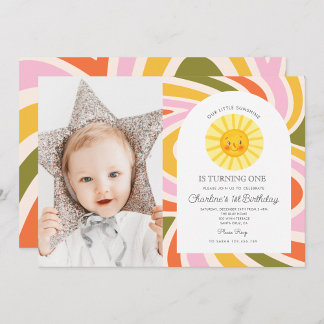 Foto Sun Rainbow Retro Boho Wavy 1. Geburtstag Einladung