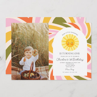 Foto Sun Rainbow Retro Boho Wavy 1. Geburtstag Einladung