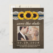 Foto Sunflower Rustic Blue Burlap Save the Date Ankündigungspostkarte (Vorne/Hinten)