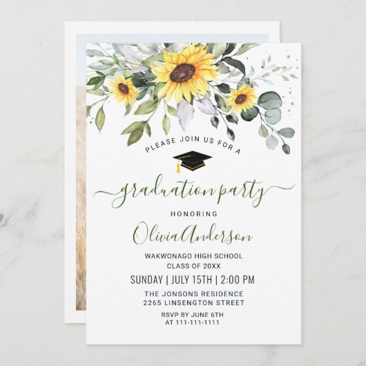 FOTO Sunflowers Eukalyptus Graduation Party Einladung (Vorne/Hinten)