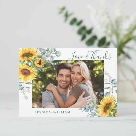 FOTO Sunflowers Eukalyptus Wedding Rustic Dankeskarte (Stehend Vorderseite)
