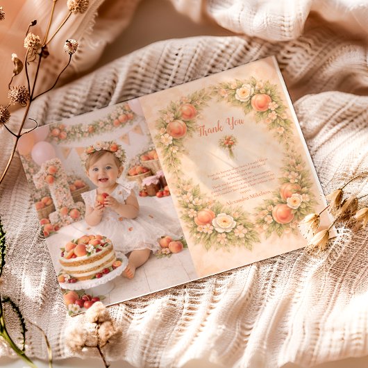 Foto Süße Pfirsich 1. Geburtstag Dankeskarte