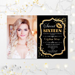 Foto Sweet 16 Birthday - Gold Black Kiss Einladung<br><div class="desc">Foto Sweet 16 Geburtstag. 16 . Geburtstag Geburtstagsfeier Einladung mit Ihrem Foto. Enthält Skript-Schriftart,  Lips Kuss und Konfetti. Klassisches Schwarz-Design mit Imitaten Glitzer Gold. Ideal für eine elegante gläserne 16. Geburtstagsfeier.</div>