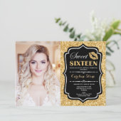 Foto Sweet 16 Birthday - Kiss Gold Black Einladung (Stehend Vorderseite)