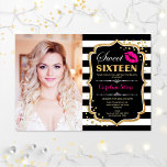 Foto Sweet 16 Birthday - Pink Kiss Gold Black Einladung<br><div class="desc">Foto Sweet 16 Geburtstag - Pink Kiss Gold Black. 16 . Geburtstag Geburtstagsfeier Einladung mit Ihrem Foto. Enthält Schwarz-weiße Streifen,  Skript-Schriftart,  Lips Kuss und Konfetti. Klassisches Schwarz,  Weiß,  Fuchsienrosa Design mit Imitaten Glitzer Gold. Ideal für eine elegante 16. Geburtstagsfeier.</div>