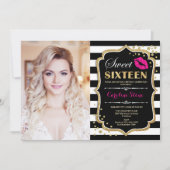 Foto Sweet 16 Birthday - Pink Kiss Gold Black Einladung (Vorderseite)