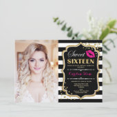 Foto Sweet 16 Birthday - Pink Kiss Gold Black Einladung (Stehend Vorderseite)