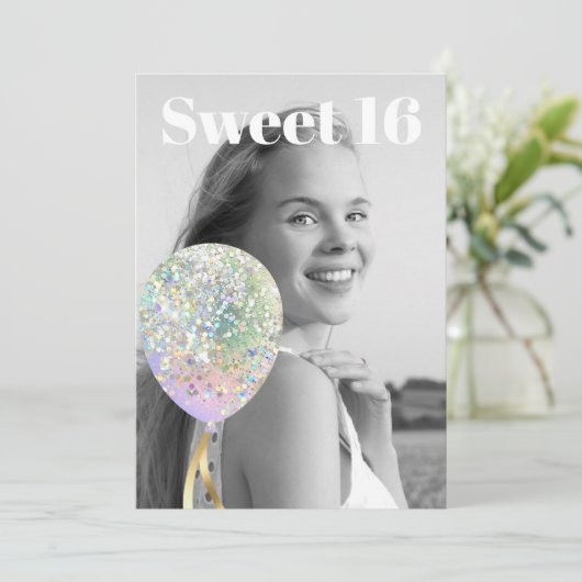 *~* FOTO Sweet 16 Birthday Rainbow Ballon AP29 Einladung (Stehend Vorderseite)