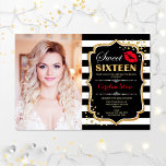 Foto Sweet 16 Birthday - Red Kiss Gold Black Einladung<br><div class="desc">Foto Sweet 16 Geburtstag - Red Kiss Gold Black. 16 . Geburtstag Geburtstagsfeier Einladung mit Ihrem Foto. Enthält Schwarz-weiße Streifen,  Skript-Schriftart,  Lips Kuss und Konfetti. Klassisches Schwarz-weißes rotes Design mit Imitaten Glitzer Gold. Ideal für eine elegante 16. Geburtstagsfeier.</div>