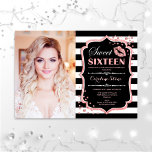 Foto Sweet 16 Geburtstag - Kiss Rose Gold Black Einladung<br><div class="desc">Foto Sweet 16 Geburtstag - Kiss Rose Gold Black Einladung. 16 . Geburtstag Geburtstagsfeier Einladung mit Ihrem Foto. Enthält Schwarz-weiße Streifen,  Skript-Schriftart,  Lips Kuss und Konfetti. Klassisches Schwarz-weiß rosa Design mit Imitaten Glitzer Rose Gold. Ideal für eine elegante 16. Geburtstagsfeier.</div>