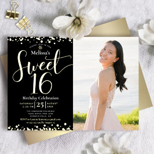 Foto Sweet 16 Geburtstag Modern Schwarz Echtgold Folieneinladung