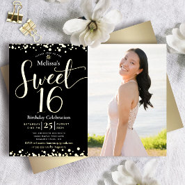 Foto Sweet 16 Geburtstag Modernes Black Real Gold Folieneinladung