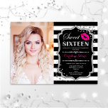 Foto Sweet 16 Geburtstag - Pink Kiss Silver Black Einladung<br><div class="desc">Foto Sweet 16 Geburtstag - Pink Kiss Silver Black. 16 . Geburtstag Geburtstagsfeier Einladung mit Ihrem Foto. Enthält Schwarz-weiße Streifen,  Skript-Schriftart,  Lips Kuss und Konfetti. Klassisches Schwarz-weißes fuchsia Hot-Rosa Design mit Imitaten Glitzer Silber. Ideal für eine elegante 16. Geburtstagsfeier.</div>