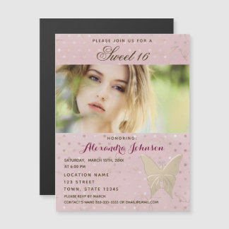 Foto Sweet 16 Girl Pink und Gold Butterfly Magneteinladung