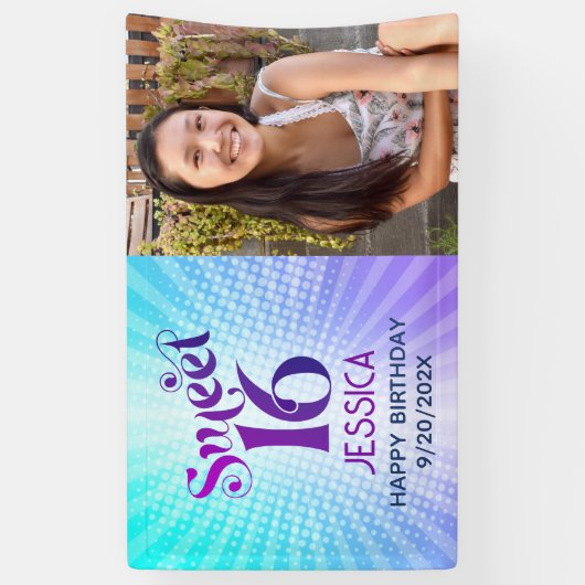 Foto Sweet 16 Groovy Lila Blue Gradient Retro Banner (Vertikal)
