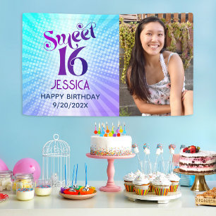 Foto Sweet 16 Groovy Lila Blue Gradient Retro Banner