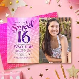 Foto Sweet 16 Groovy Pink Orange Gradient Retro Einladung