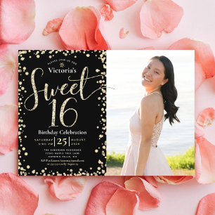 Foto Sweet 16 Moderne schwarze Gold-Glitter-Geburt Einladung