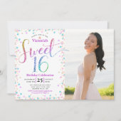 Foto Sweet 16 Rainbow Glitzer Confetti Birthday Einladung (Vorderseite)