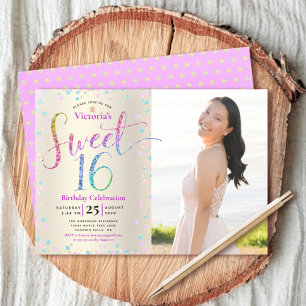 Foto Sweet 16 Regenbogen Glitter Goldfolie Geburts Einladung
