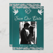 Foto, Tauben, Silberherz und Glitzer - Aquamarin Save The Date (Vorne/Hinten)