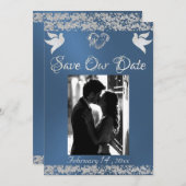 Foto, Tauben, Silberherz und Glitzer - blau Save The Date (Vorne/Hinten)