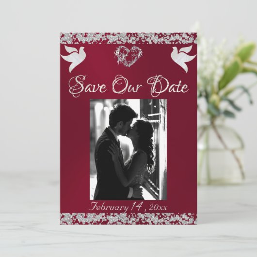 Foto, Tauben, Silberherz und Glitzer - Burgund Save The Date (Stehend Vorderseite)