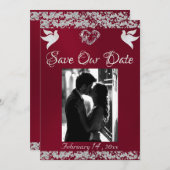 Foto, Tauben, Silberherz und Glitzer - Burgund Save The Date (Vorne/Hinten)