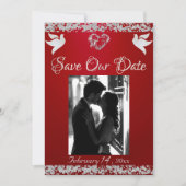Foto, Tauben, Silberherz und Glitzer - Crimson Red Save The Date (Vorderseite)
