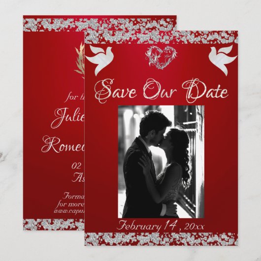 Foto, Tauben, Silberherz und Glitzer - Crimson Red Save The Date (Vorne/Hinten)