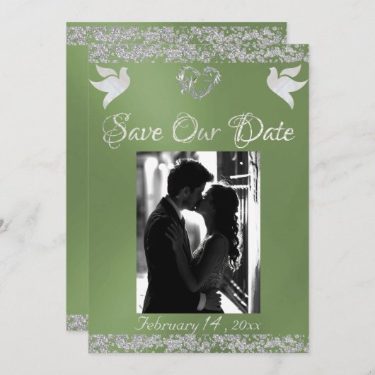 Foto, Tauben, Silberherz und Glitzer - Fläche Save The Date (Vorne/Hinten)