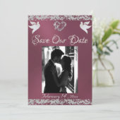 Foto, Tauben, Silberherz und Glitzer - Lavendel Save The Date (Stehend Vorderseite)